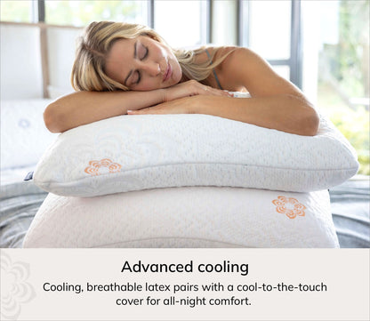 A woman rests her head on a stack of Karma cooling latex pillows in a bright bedroom setting. Text at the bottom reads 'Advanced cooling' and describes breathable cooling properties.