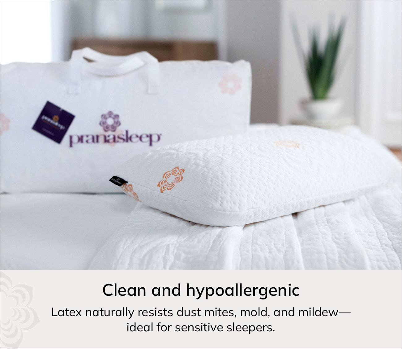 Pranasleep Karma cooling latex pillows on a bed with a matching white quilt. Ideal for sensitive sleepers.