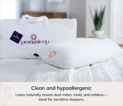 Pranasleep Karma cooling latex pillows on a bed with a matching white quilt. Ideal for sensitive sleepers.