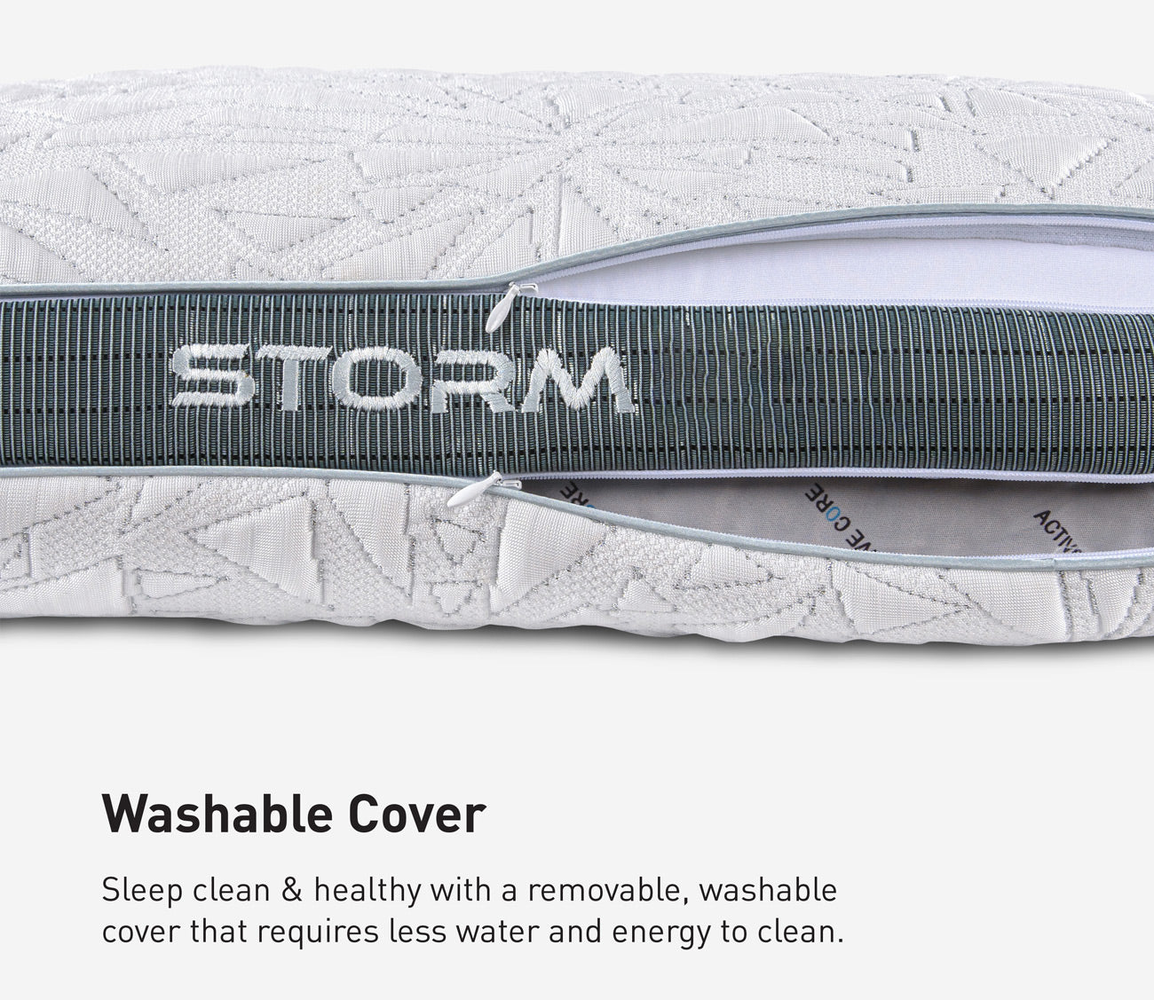 Close-up of a Storm pillow cover with a gray zipper and the word STORM across it, plus text below reading 'Washable Cover' with a descriptive marketing note.