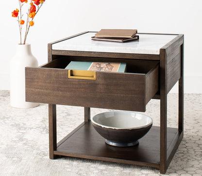 Adeline 1-Drawer Nightstand by Safavieh - dark chocolate lifestyle featuring open drawer
