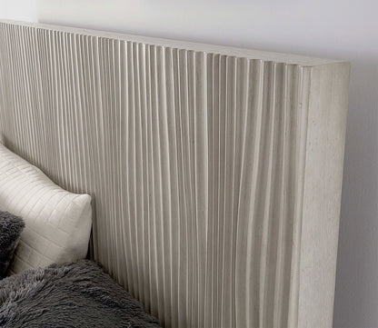 Close-up of Argento Oak Platform Bed's headboard in misty grey