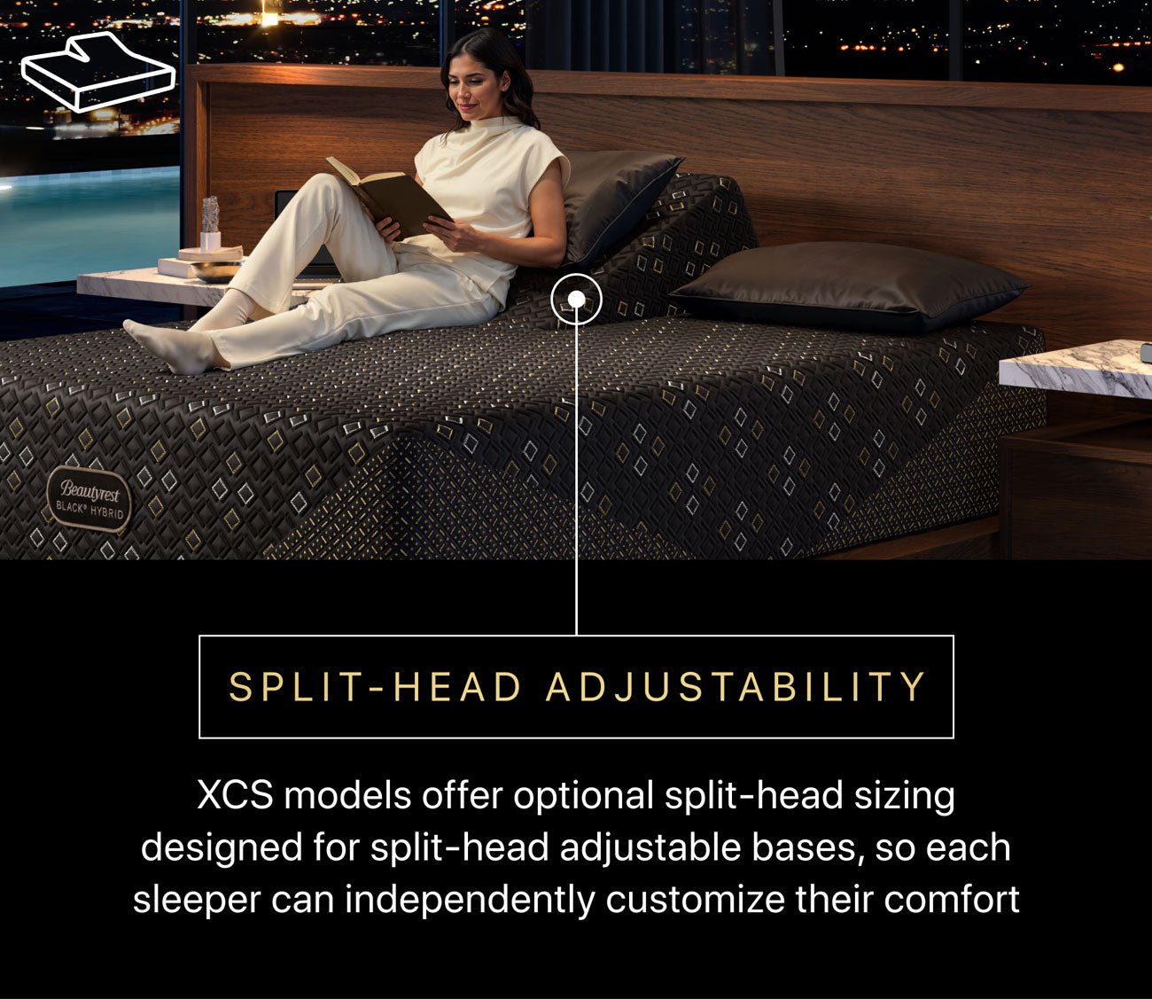 Woman reading on Split Head Beautyrest Black Hybrid Series Four XCS Firm Mattress.