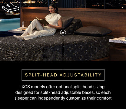 Woman reading on Split Head Beautyrest Black Hybrid Series Four XCS Firm Mattress.