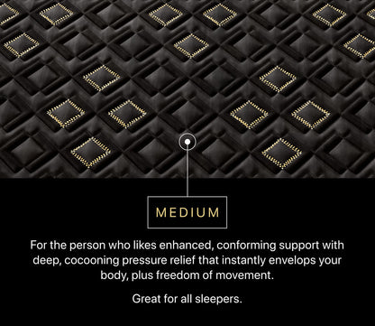 Close-up of Beautyrest Black Hybrid Series Four XCS Medium Mattress quilt, illustrating the medium comfrot feel with conforming pressure relief and support.