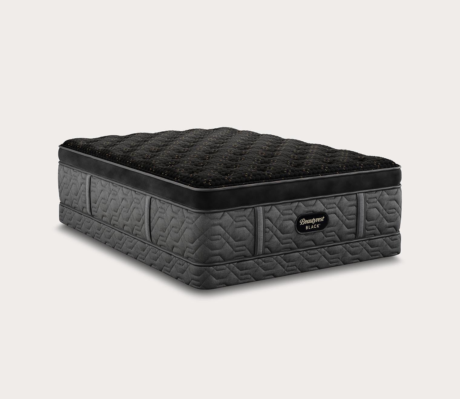 Beautyrest Black Series Four Plush Pillow Top Mattress by Simmons - silo image on a low-profile foundation.