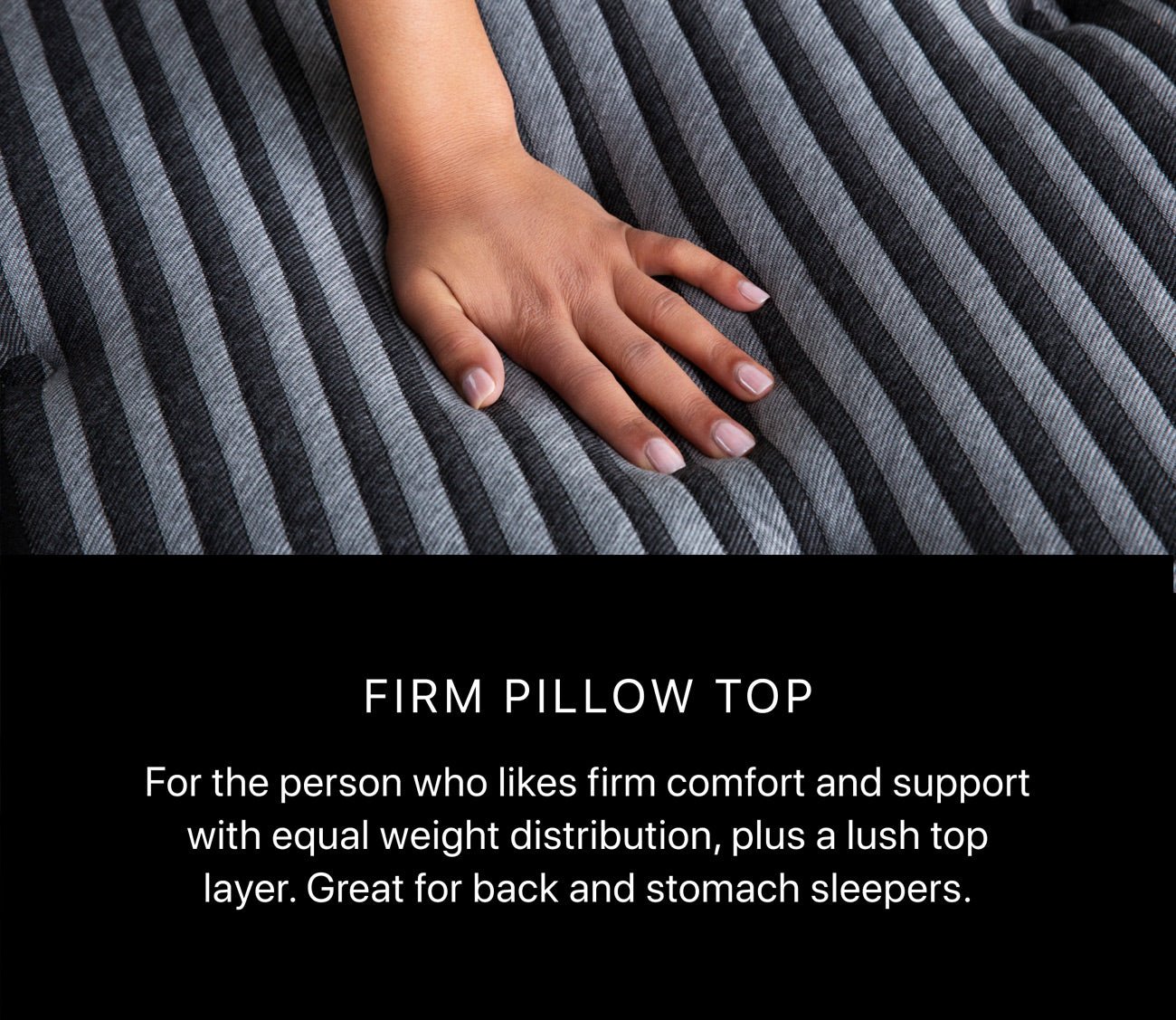 Hand pressing on Beautyrest Black Series One Firm Pillow Top Mattress.  Ideal for back and stomach sleepers.