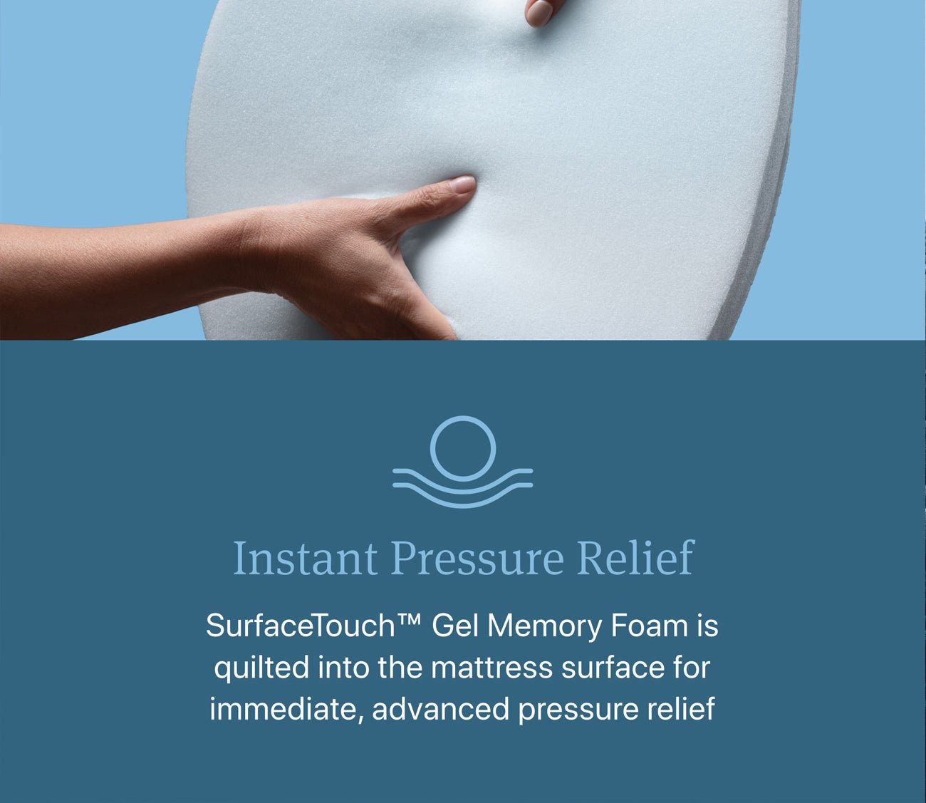 Hand pressing memory foam to demonstrate pressure relief.
