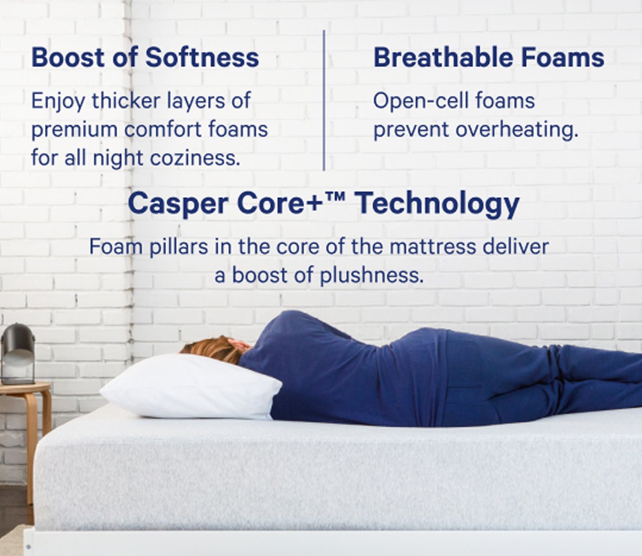 Person sleeping on Casper Cloud One Mattress featuring boost for softness, breathable foams, and Casper core plus technology.