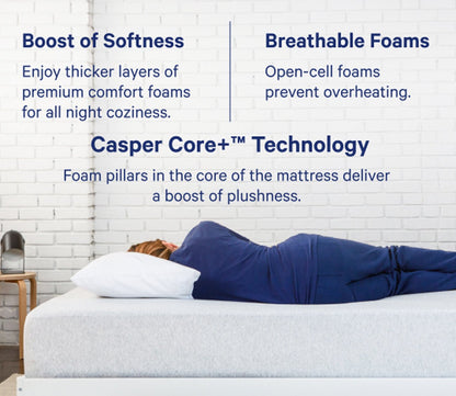 Person sleeping on Casper Cloud One Mattress featuring boost for softness, breathable foams, and Casper core plus technology.