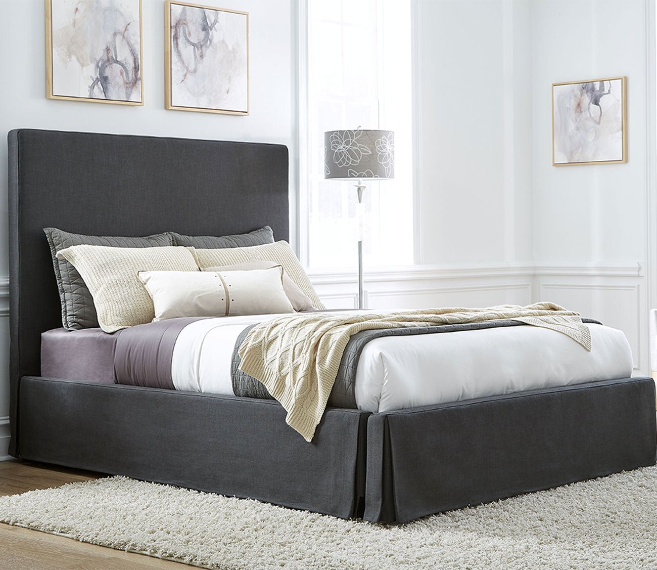 Cheviot Upholstered Skirted Panel Bed-lifestyle angled view