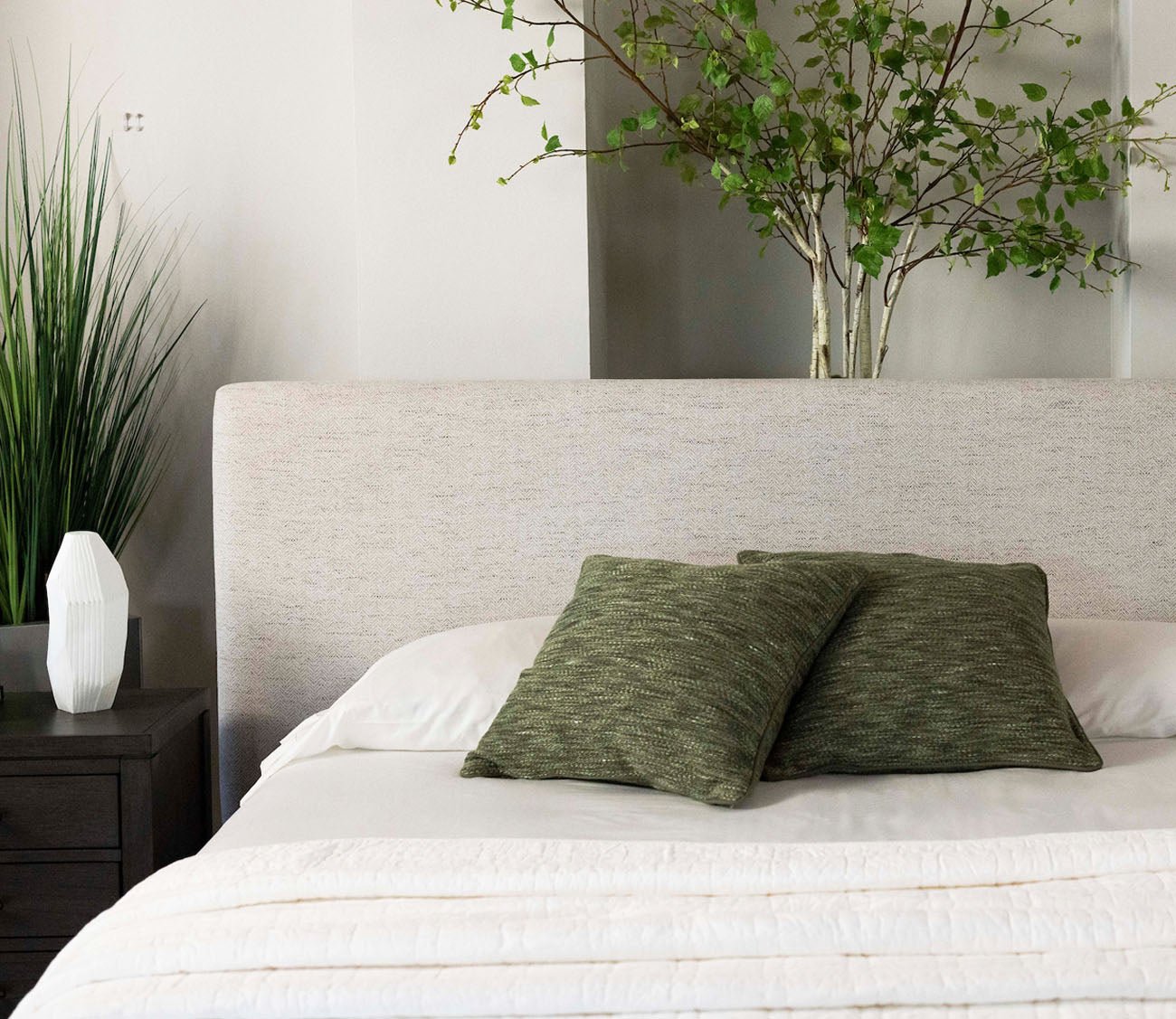 CM Home Bodhi Upholstered Storage Bed close-up of headboard in Ivory Herringbone