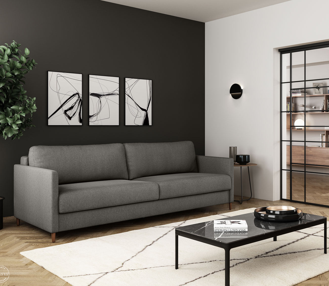 Elfin Sleeper Sofa by Luonto in a lifestyle setting - dark gray (Luna) color option.