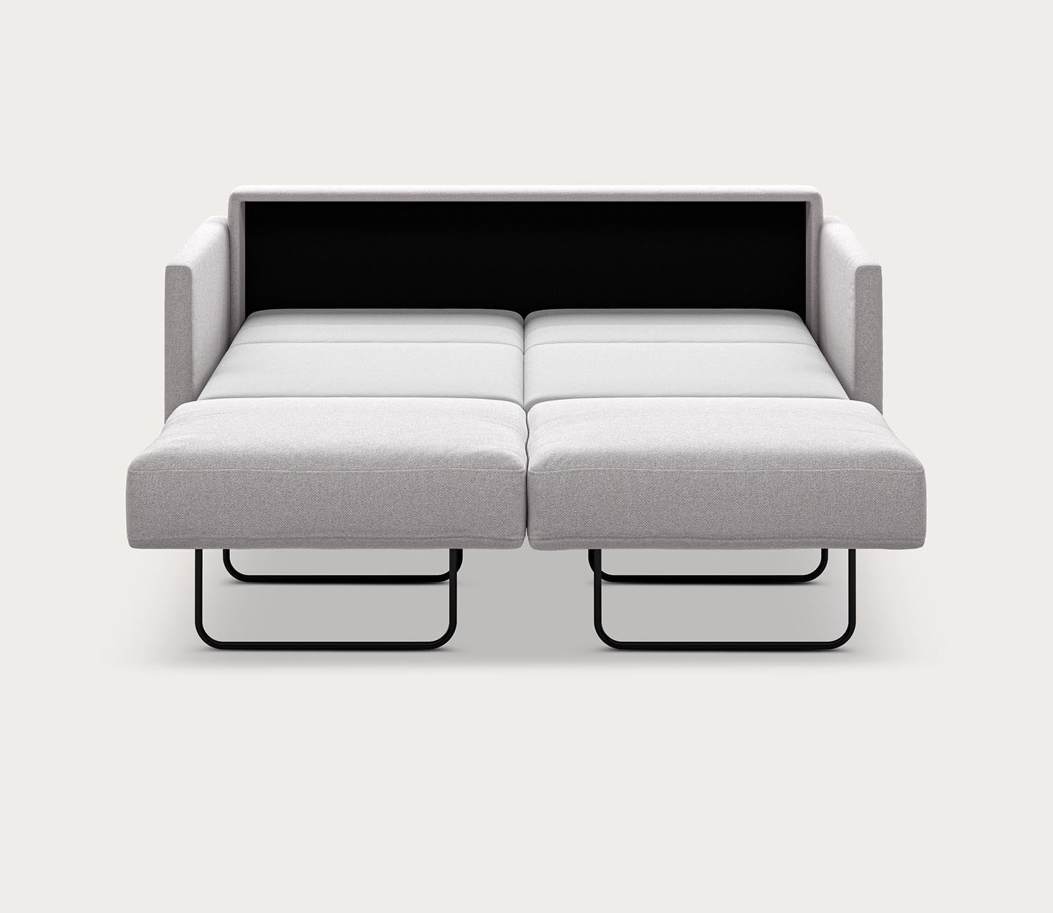 Queen size Elfin Sleeper Sofa in light gray fully extended into a bed with a pull-out sleeping surface