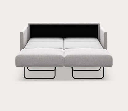 Queen size Elfin Sleeper Sofa in light gray fully extended into a bed with a pull-out sleeping surface
