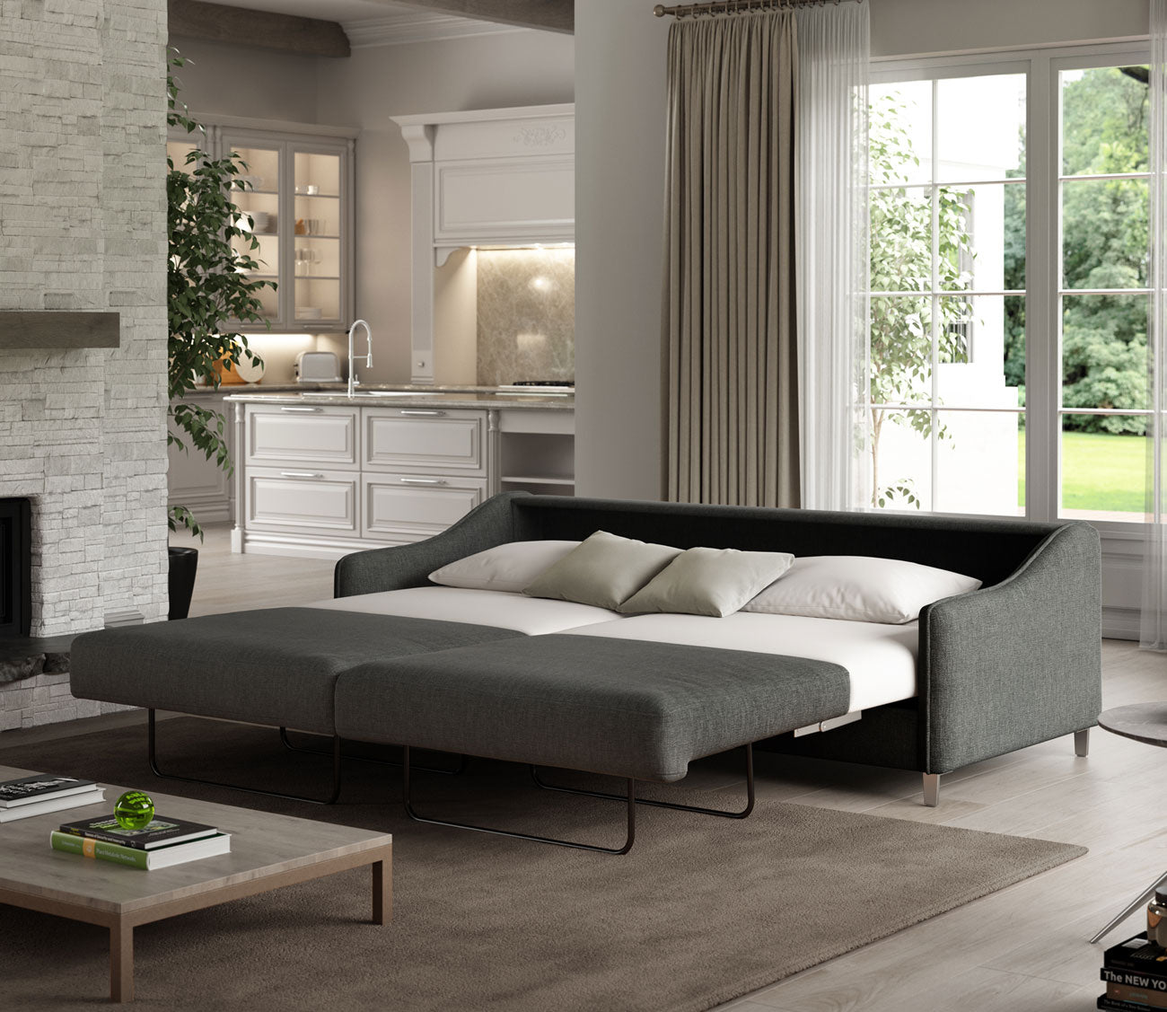 Ethos King Sleeper Sofa by Luonto, dark gray, bed open
