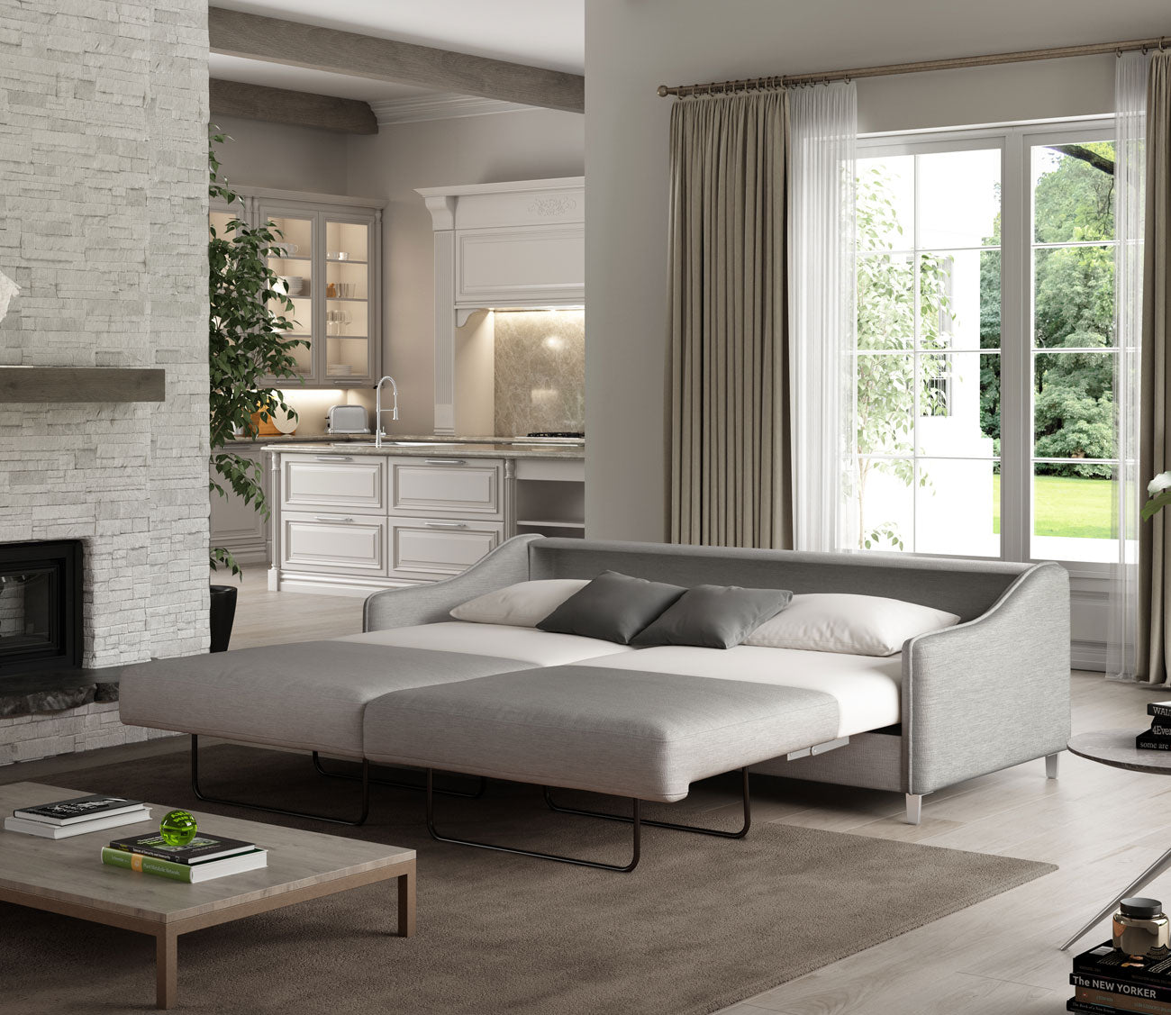 Ethos King Sleeper Sofa by Luonto, light gray, bed open