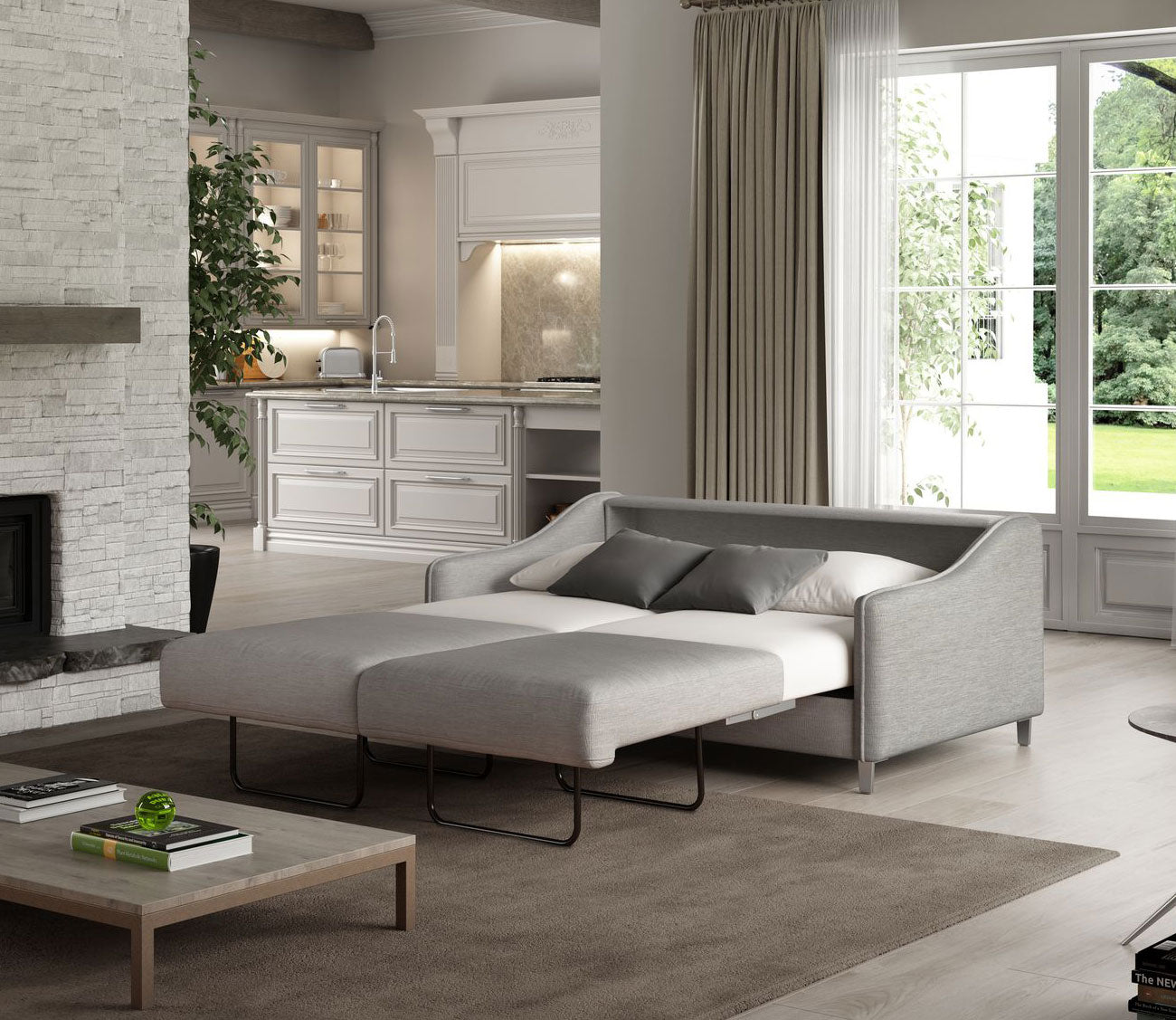 Ethos Queen Loveseat Sleeper by Luonto in light gray, bed open