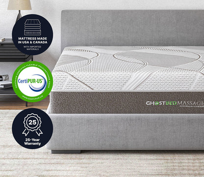 GhostBed Massage Foam Mattress CertPUR-US certification label, warranty label, and country of origin label