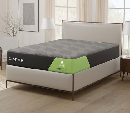 GhostBed Supreme Foam Mattress featured with an upholstered bed in a bedroom setting