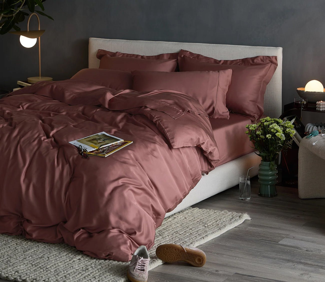 Hush Iced Cooling Sheet Set in rosewood, bedroom scene
