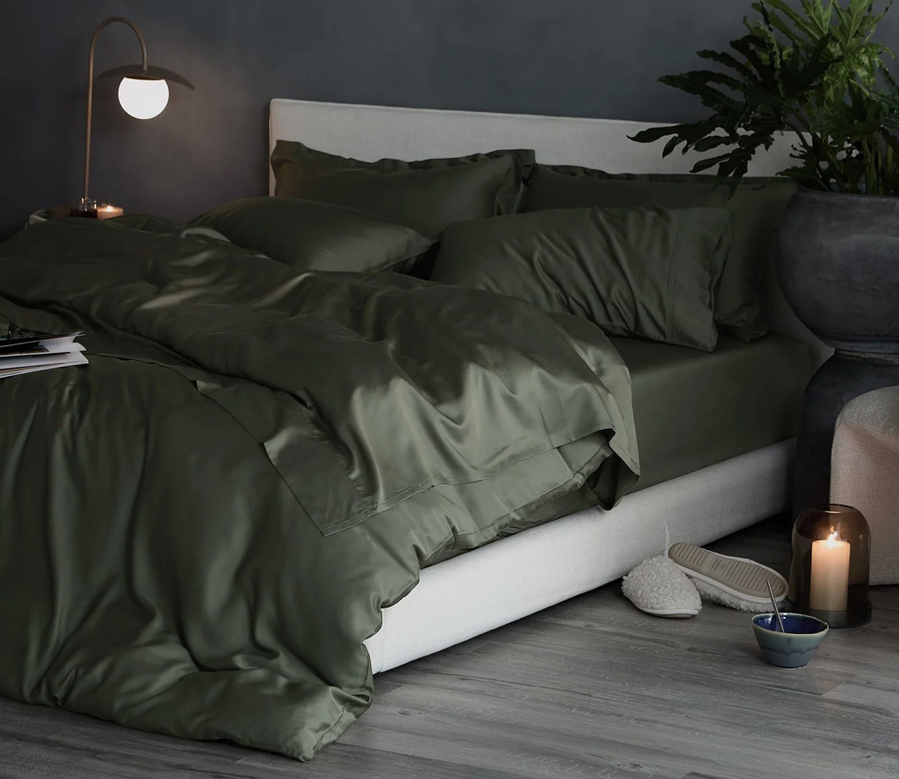 Hush Iced Duvet Cover Set in olive in bedroom scene