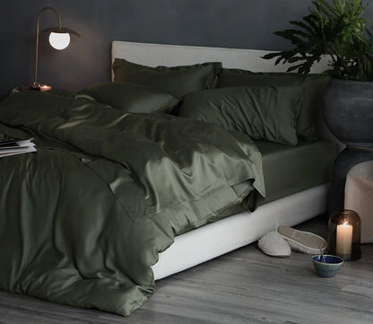 Hush Iced Duvet Cover Set in olive in bedroom scene