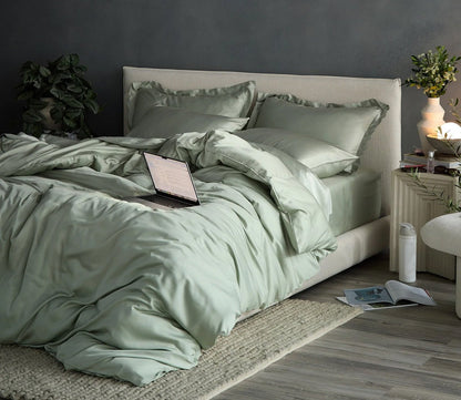 Hush Iced Duvet Cover Set in sage in bedroom scene