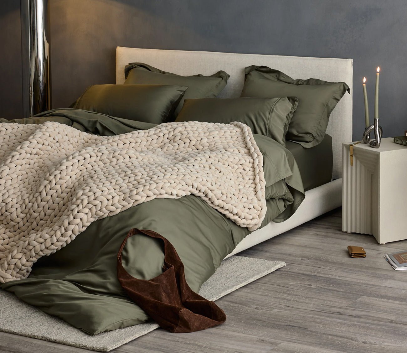 Hush Knit Weighted Blanket by Hush Blankets in champagne on bed
