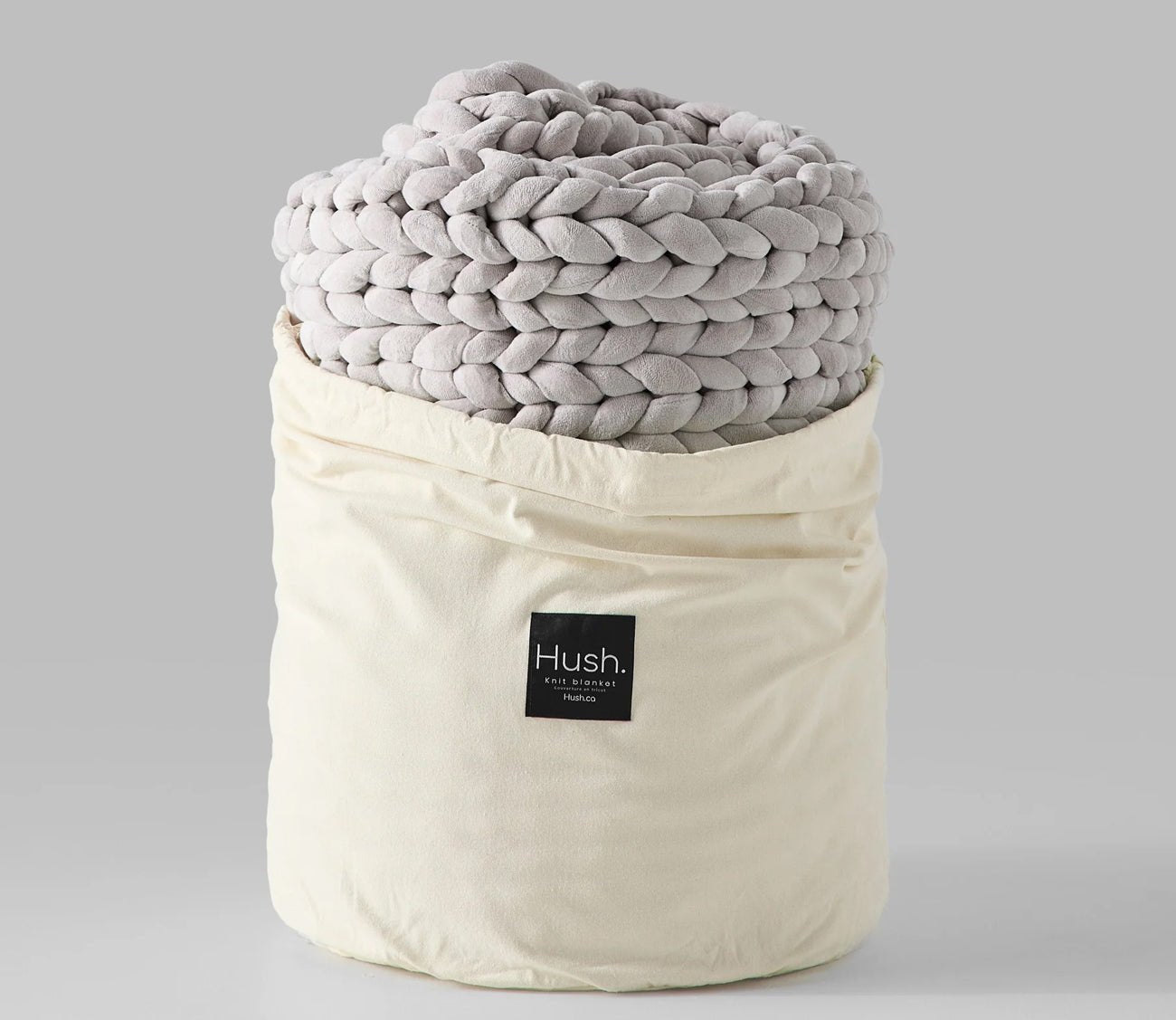 Hush Knit Weighted Blanket by Hush Blankets in light gray, in package