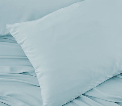 Bedgear Hyper-Linen Sheet Set in misty blue, closeup of pillowcase
