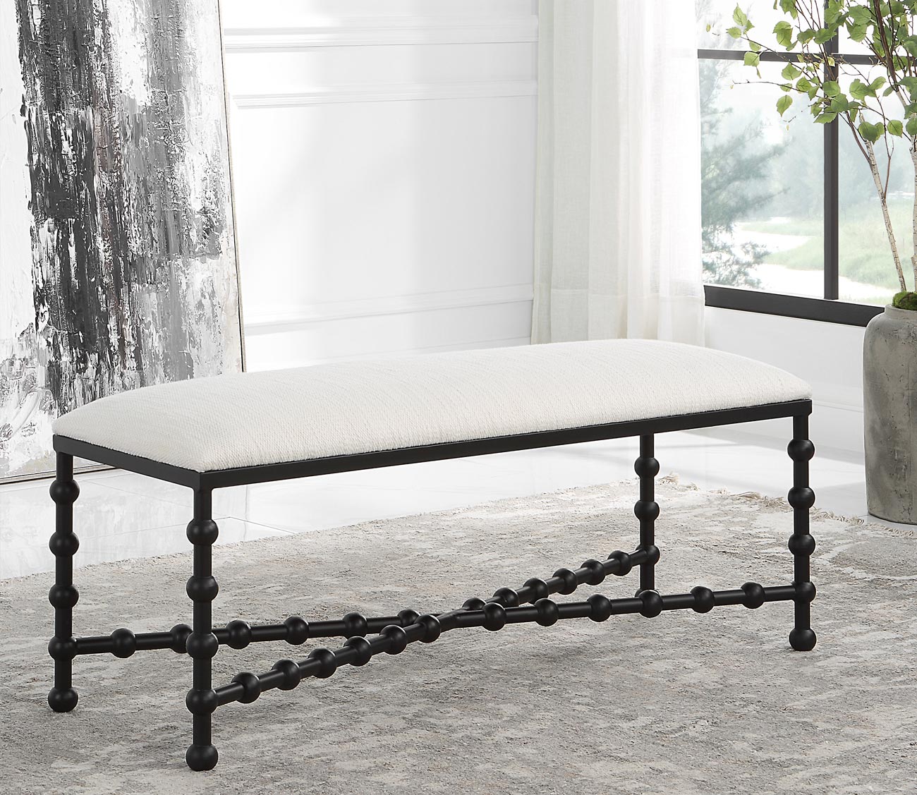 Iron Drops White Cushioned Bench by Uttermost
