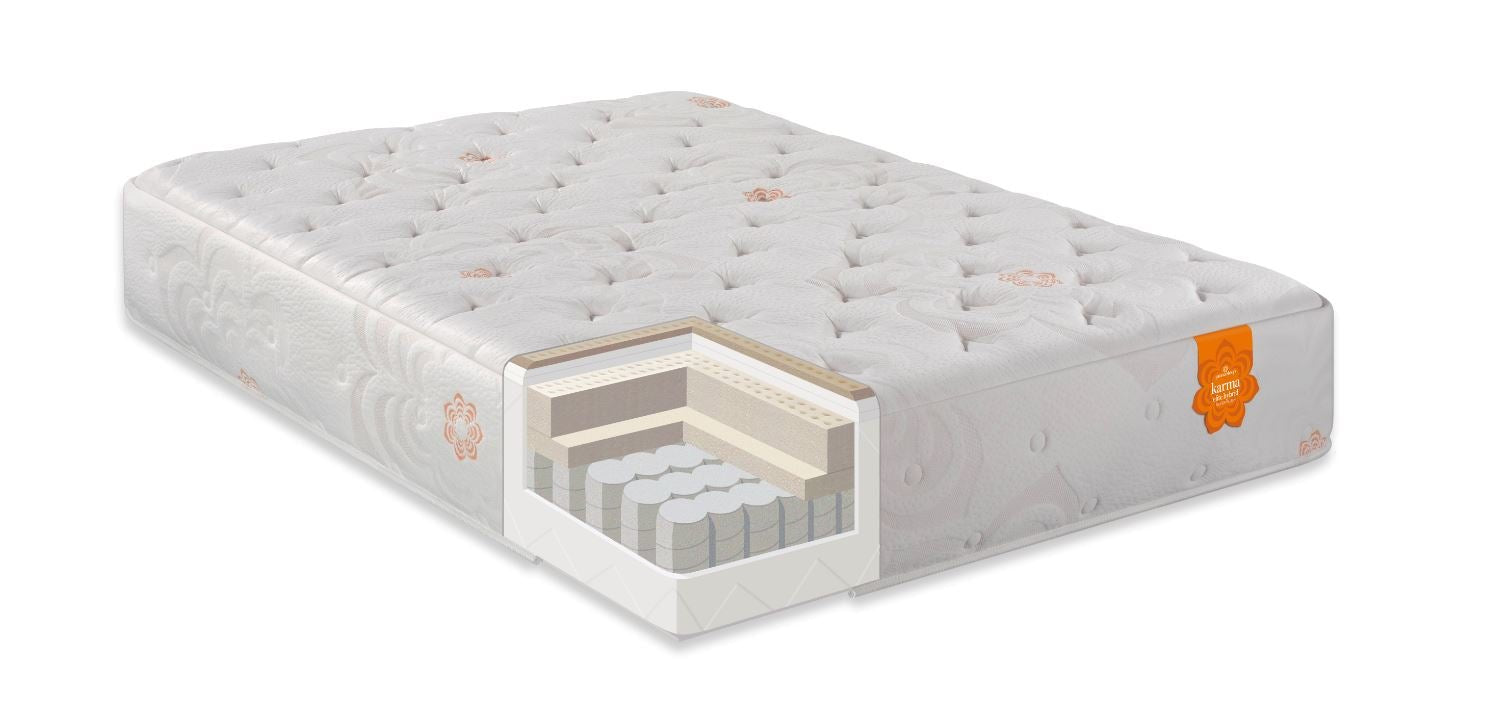 Karma Elite Hybrid Super Cush Mattress with cutaway showing latex, comfort layers, and pocketed coil support system.