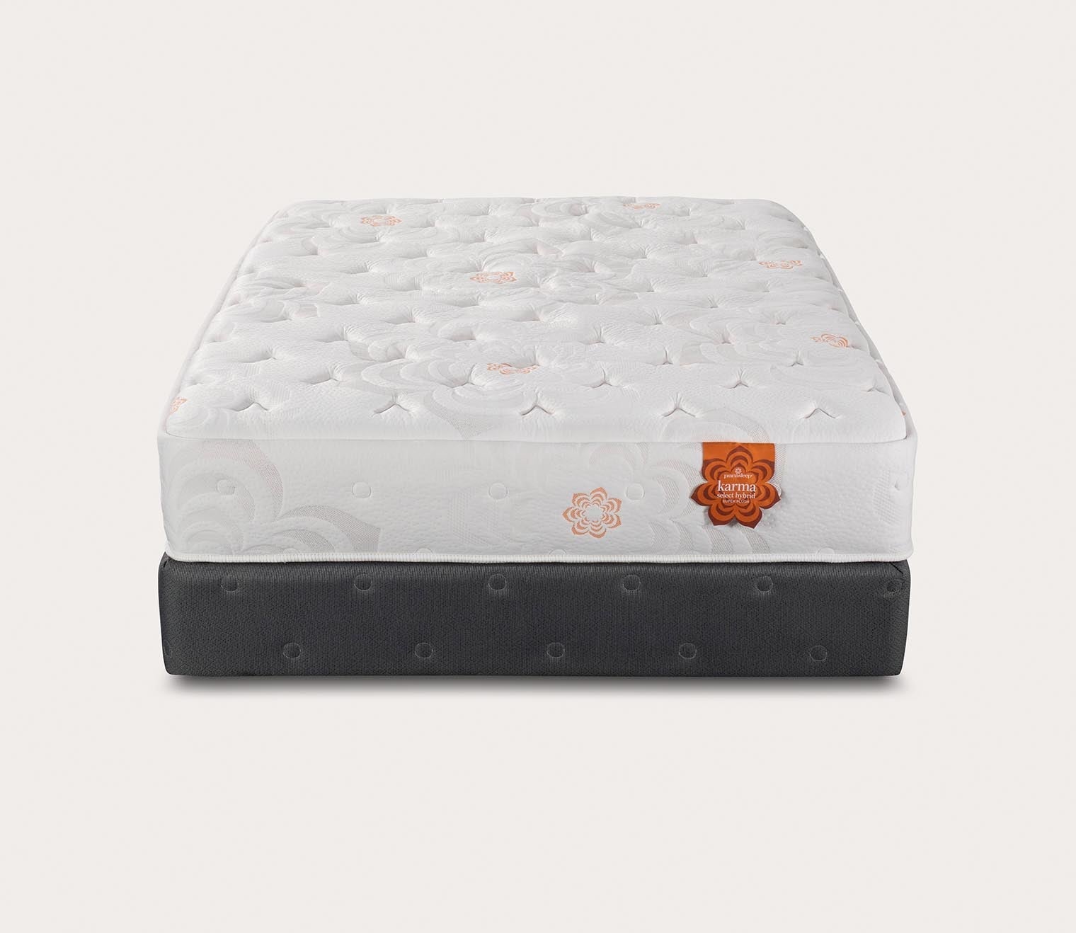 Silo mage of Karma Select Hybrid Super Cush Mattress on a grey foundation - head-on view.