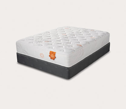 Silo mage of Karma Select Hybrid Super Cush Mattress on a grey foundation - angle view.