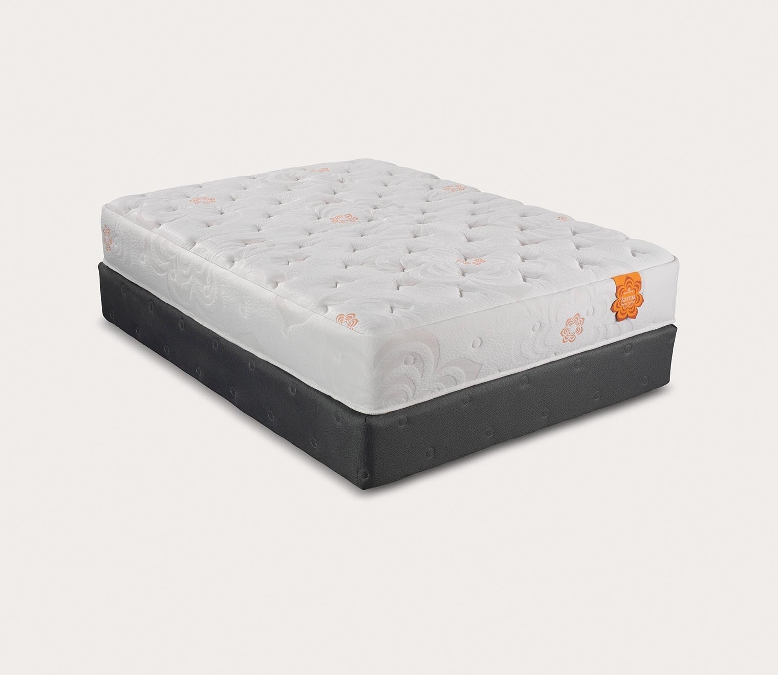 Silo mage of Karma Select Hybrid Super Cush Mattress on a grey foundation - angle view.