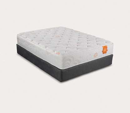 Silo mage of Karma Select Hybrid Super Cush Mattress on a grey foundation - angle view.