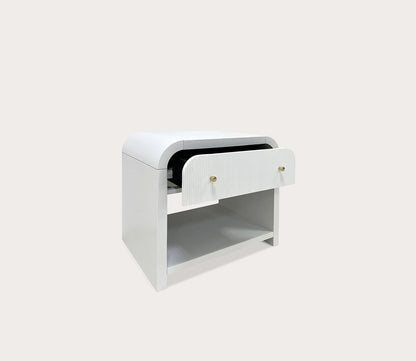 Liabella 1-Drawer Curved Nightstand by Safavieh - silo angled shot with open drawer