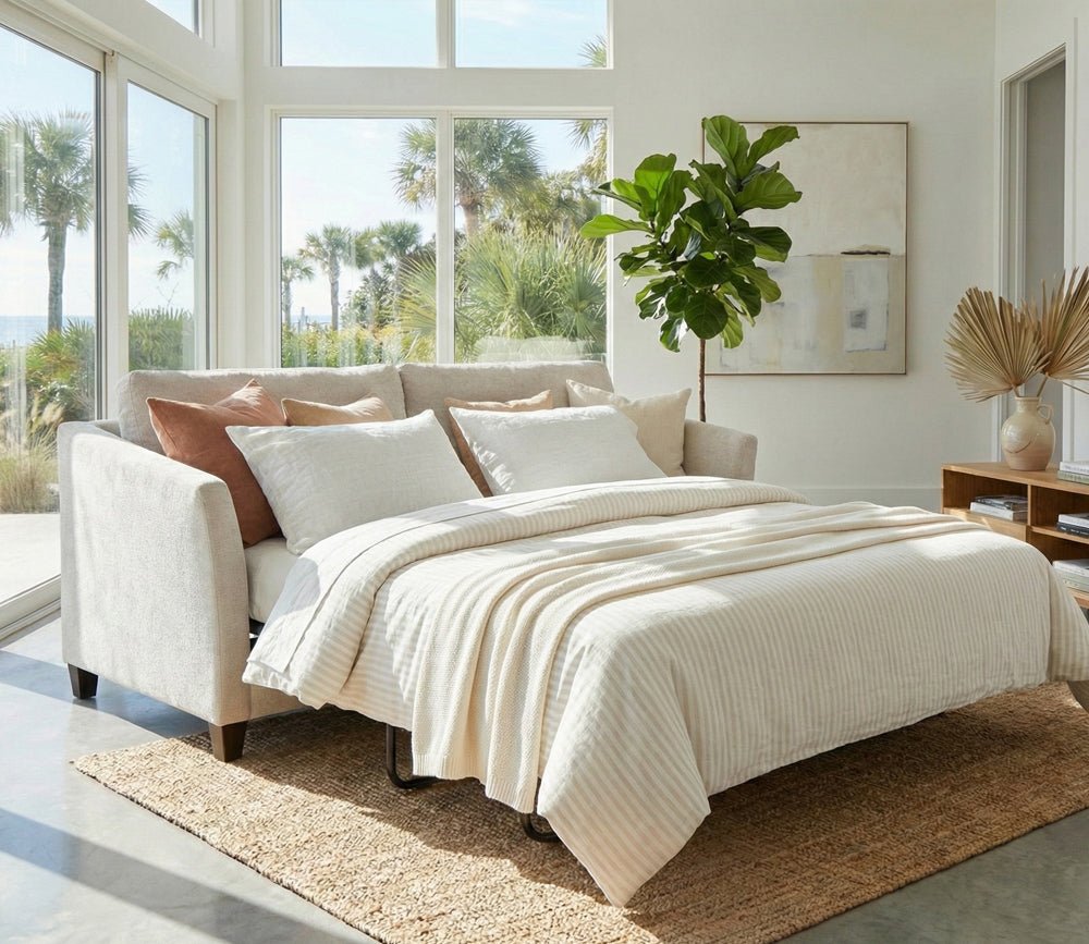 Luonto Naples Sleeper Sofa in light gray in room scene, open with bedding