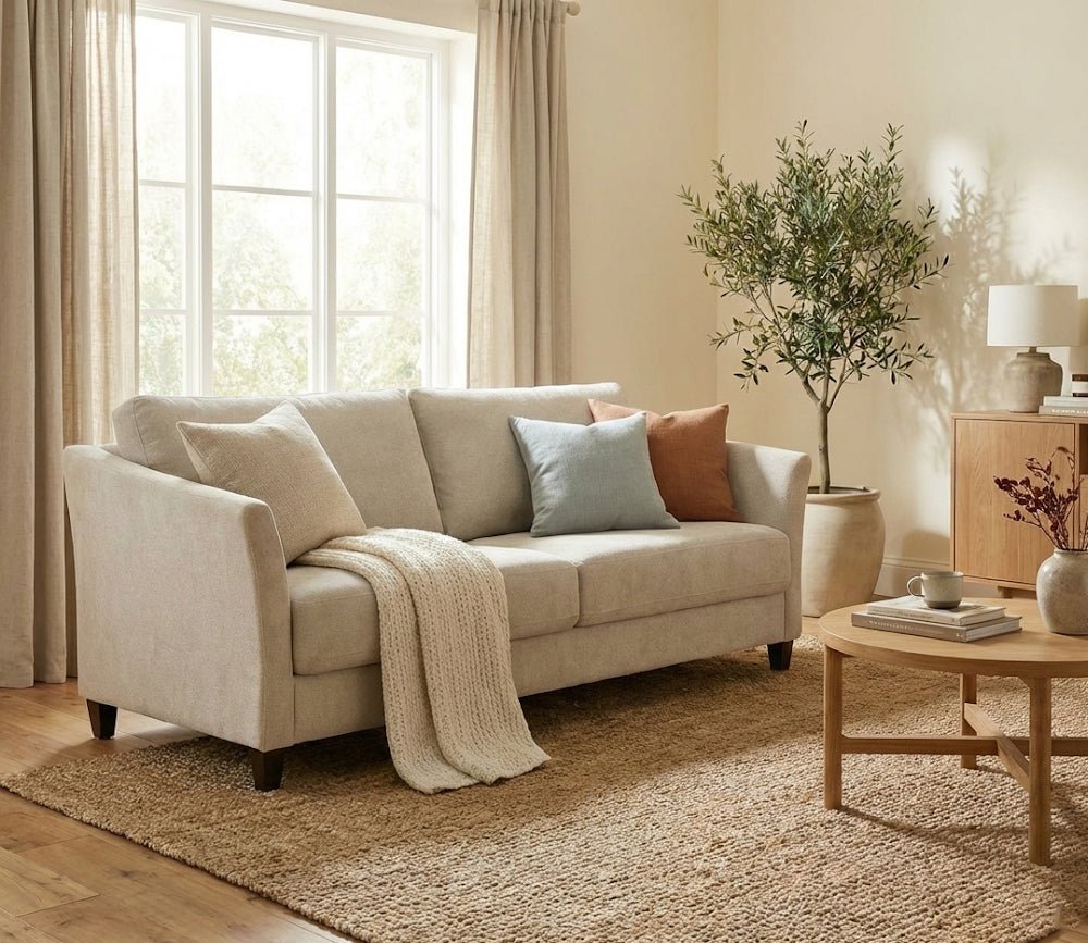 Luonto Naples Sleeper Sofa in light gray in room scene, angled
