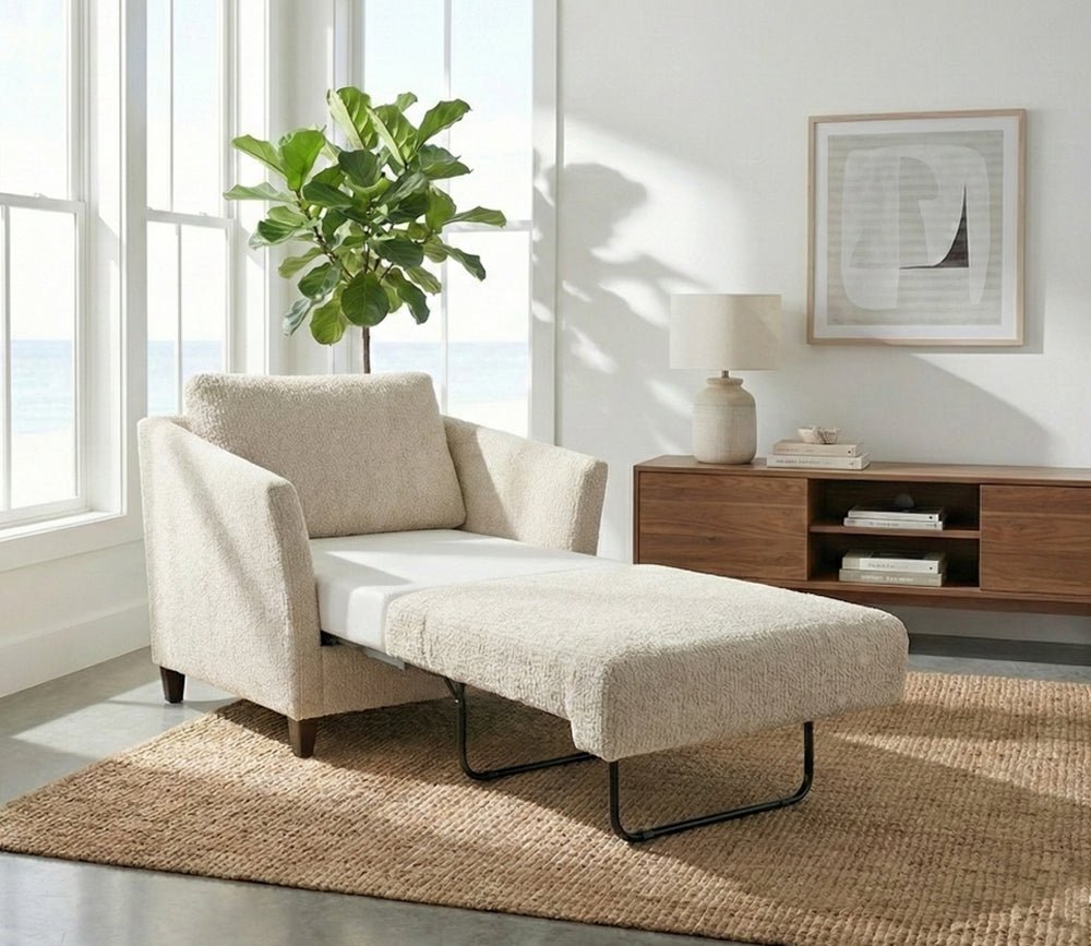 Luonto Naples Sleeper Chair in light gray, open in room
