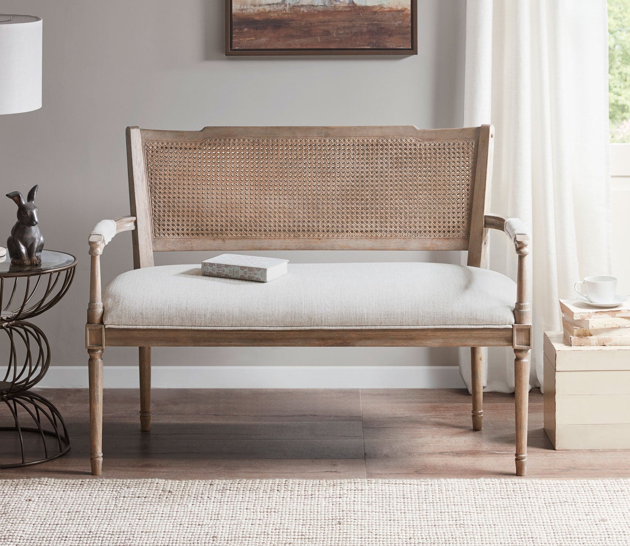 Madison Park Willshire Rattan Inset Beige Upholstered Settee by Madison Park