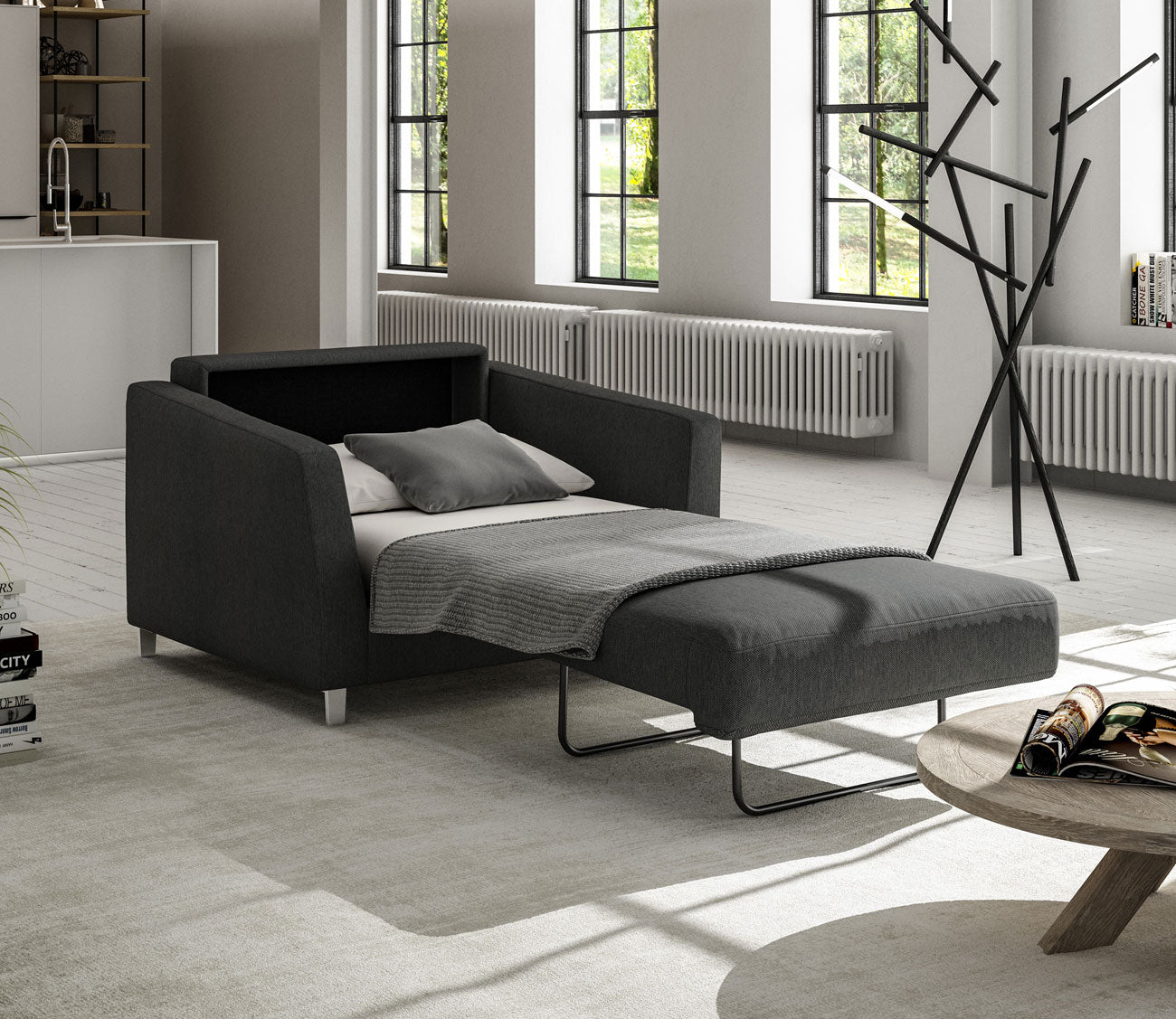Monika Chair Sleeper by Luonto in charcoal, bed open