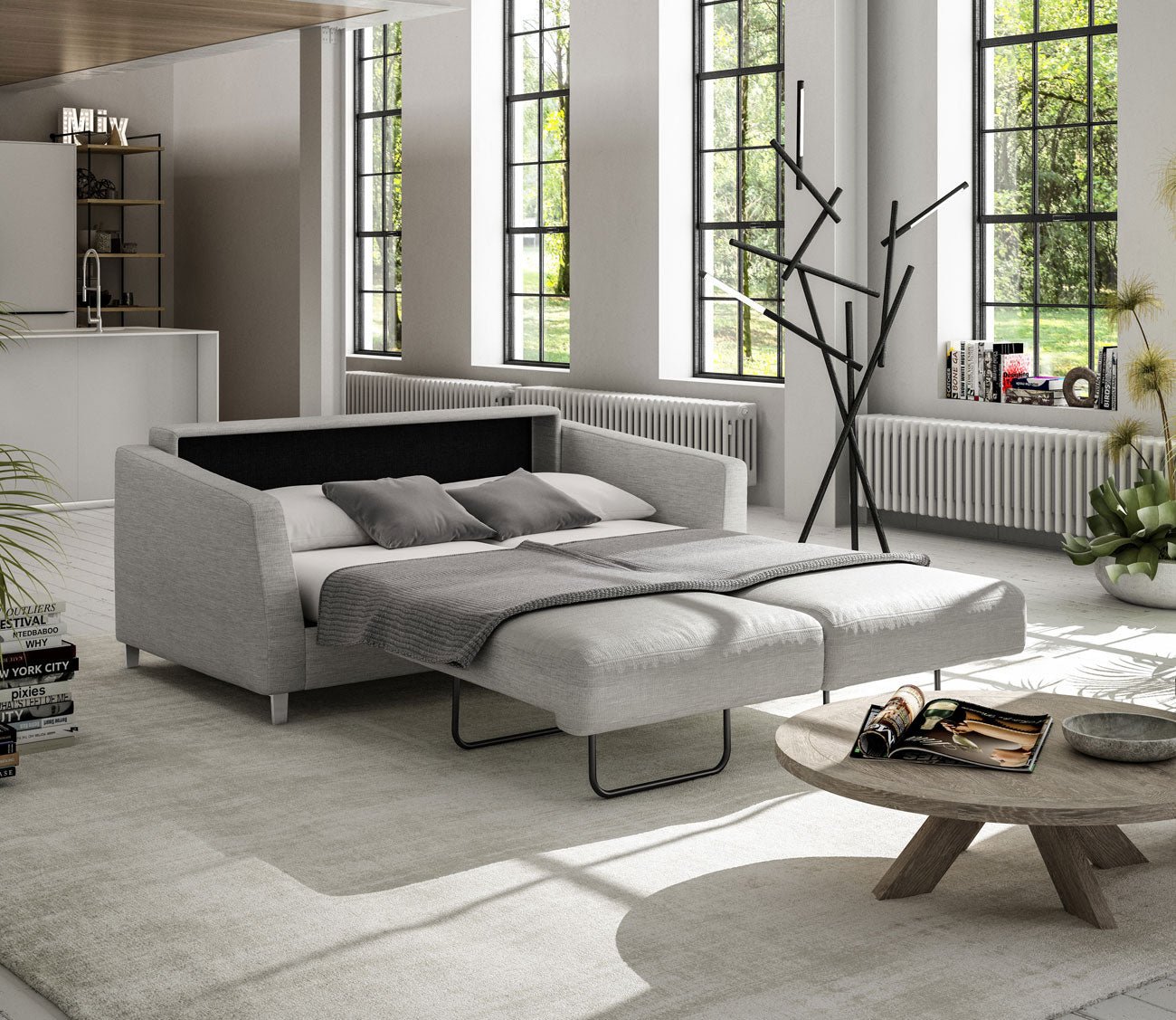 Monika Full XL Sofa Sleeper by Luonto in gray, bed opened