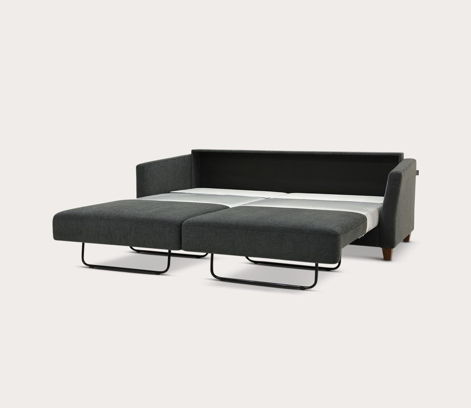 Monika King Sofa Sleeper by Luonto in Charcoal, silo, fully open