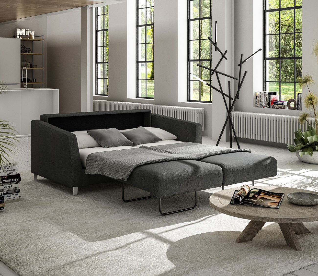 Monika Full XL Sofa Sleeper by Luonto in charcoal, bed opened