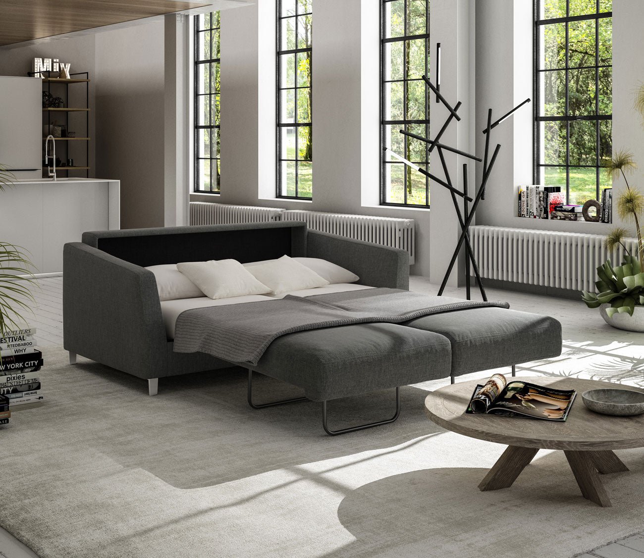 Monika Sofa Sleeper by Luonto, charcoal, opened