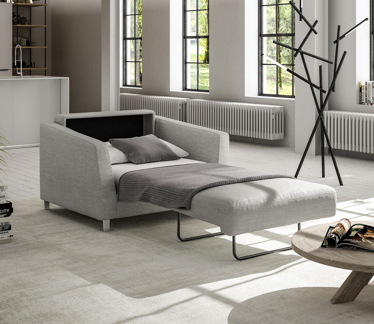 Monika Chair Sleeper by Luonto in gray, bed open