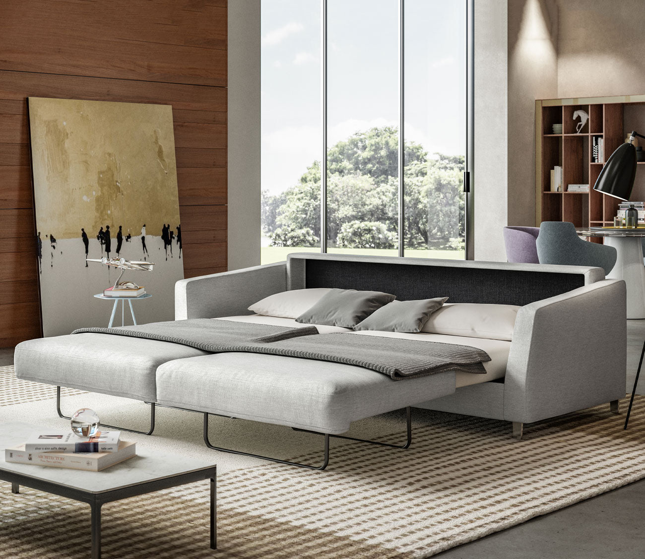 Monika King Sofa Sleeper by Luonto in gray, roomscene - bed opened