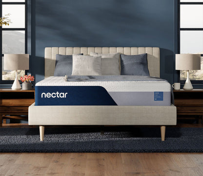 Nectar 5.0 Classic Memory Foam Mattress set on an upholstered bed.